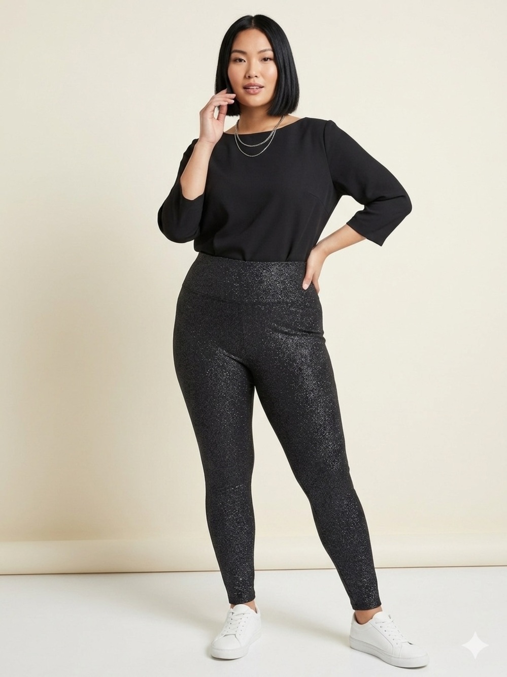 Terra & Sky Black Glitter High-Rise Fitted Leggings Sparkle Black Size 14w 0X